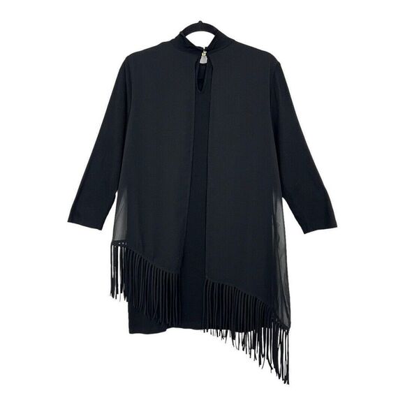 Chico's Womens Size 1 Medium Black Asymmetrical Fringe Overlay Mock-Neck Top NEW - Picture 2 of 3